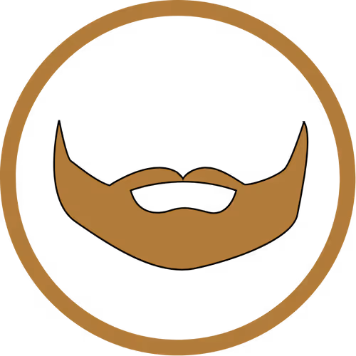 A stylized illustration of a beard within a circular frame, featuring a simple design with a brown beard against a black background.