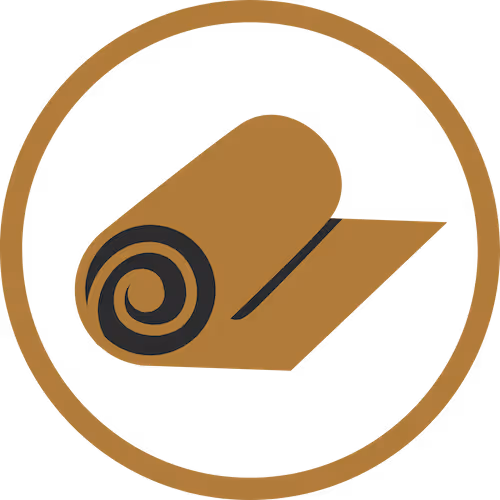 An icon depicting a rolled yoga mat in a circular design, with a brown background and dark brown mat illustration.