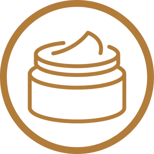 An outline illustration of a cream jar with a lid, set within a circular border. The jar has a swirl of cream on top, depicted in a simple, minimalist style.
